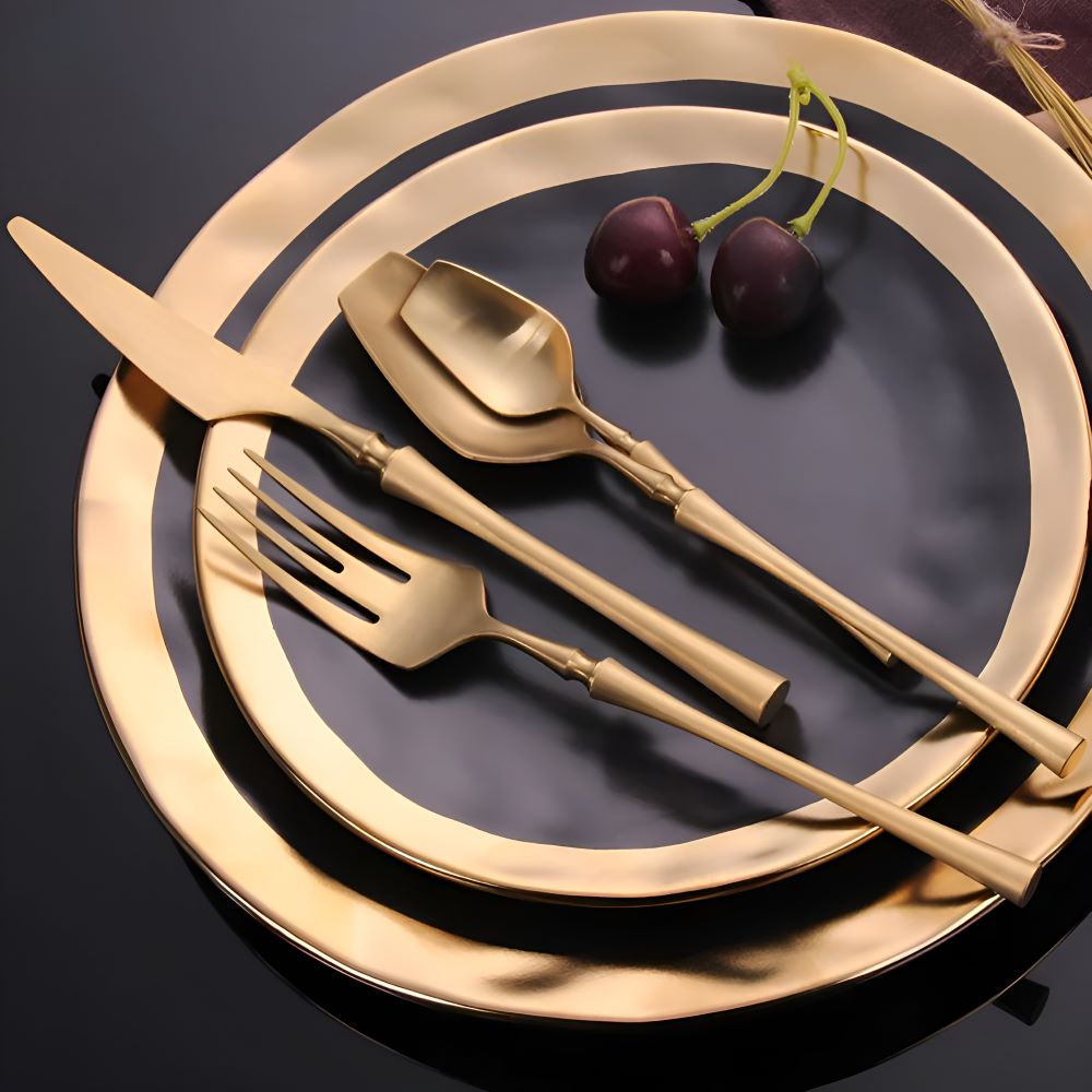 Flatware Set Black Stainless Steel with Gold Accents 4 or 16 Pieces