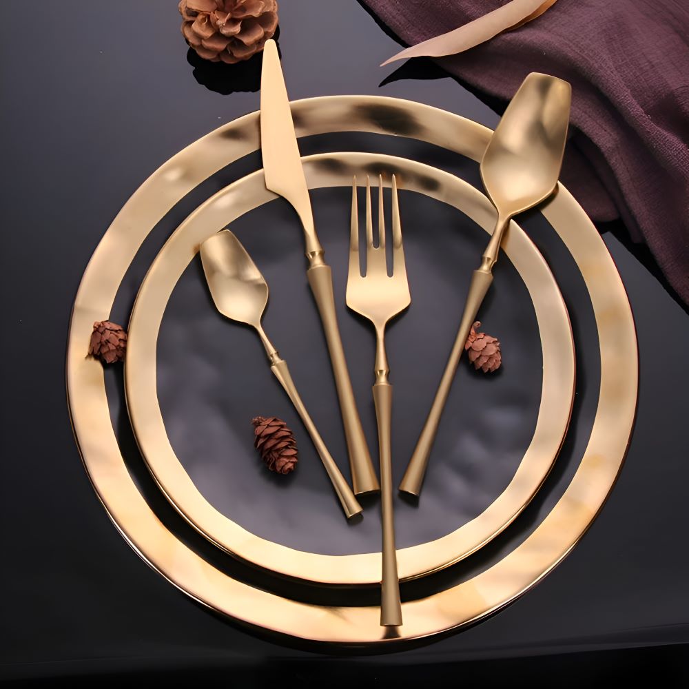 Flatware Set Black Stainless Steel with Gold Accents 4 or 16 Pieces