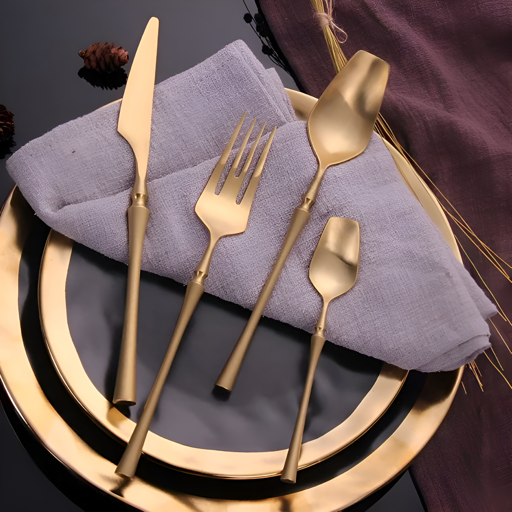 Flatware Set Black Stainless Steel with Gold Accents 4 or 16 Pieces