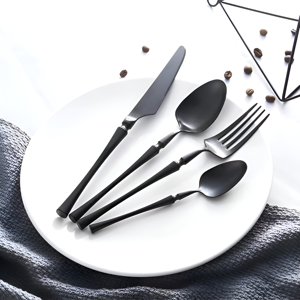 Flatware Set Black Stainless Steel with Gold Accents 4 or 16 Pieces